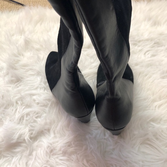 Black Leather knee High Boots 9 9.5 Wedge heel booties wedges - Picture 6 of 7